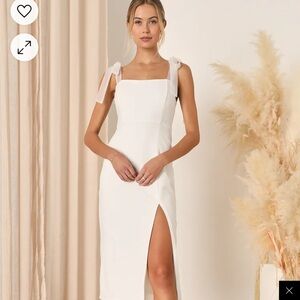 White Sheath Midi Dress with Slit and Tie Front